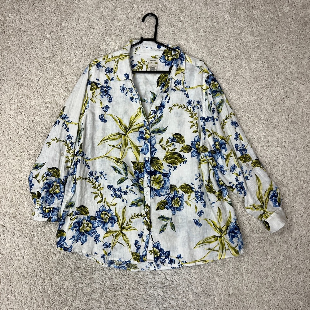 JOIE Linen Button Down Shirt Womens 2X White Blue Floral Boho Resort Summer